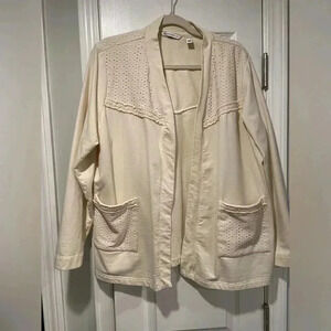Isaac Mizrahi Cream Stretch Cotton Eyelet Embroidered Trim Open Cardigan Size XL